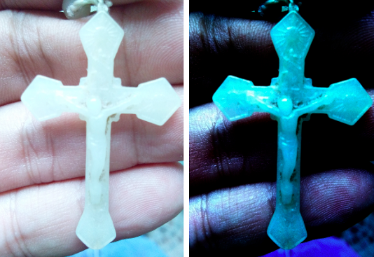 (L) Actual photo of the rosary confiscated during a recent infestation case of Libera Nox. Unknown to the trained eye, this is actually a Satanic rosary. (R) When the photo’s levels are adjusted to make it dimmer using an image editor, the Iluminati insignia of the sun with its rays and the snake at the back of the Crucified Christ becomes visible to the naked eye. Novaliches chief exorcist Fr. Ambrosio Nonato Legaspi warned the faithful about such Satanic rosaries that are now in circulation the country, during the Aug. 7 spiritual warfare episode of Radio Veritas Hello Father 911. PHILIPPE DE GUZMAN