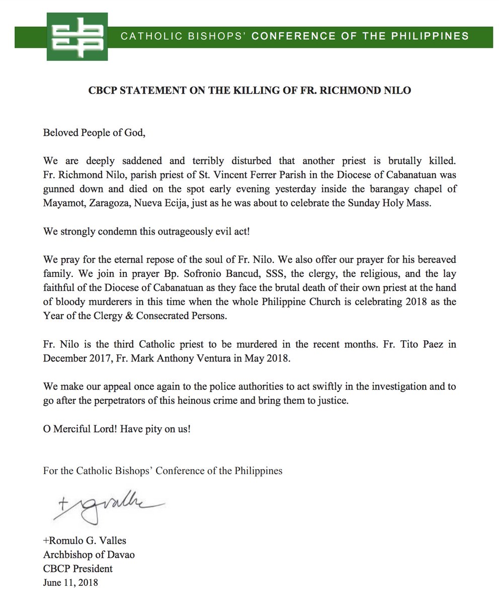 CBCP Statement On The Killing Of Fr. Richmond Nilo