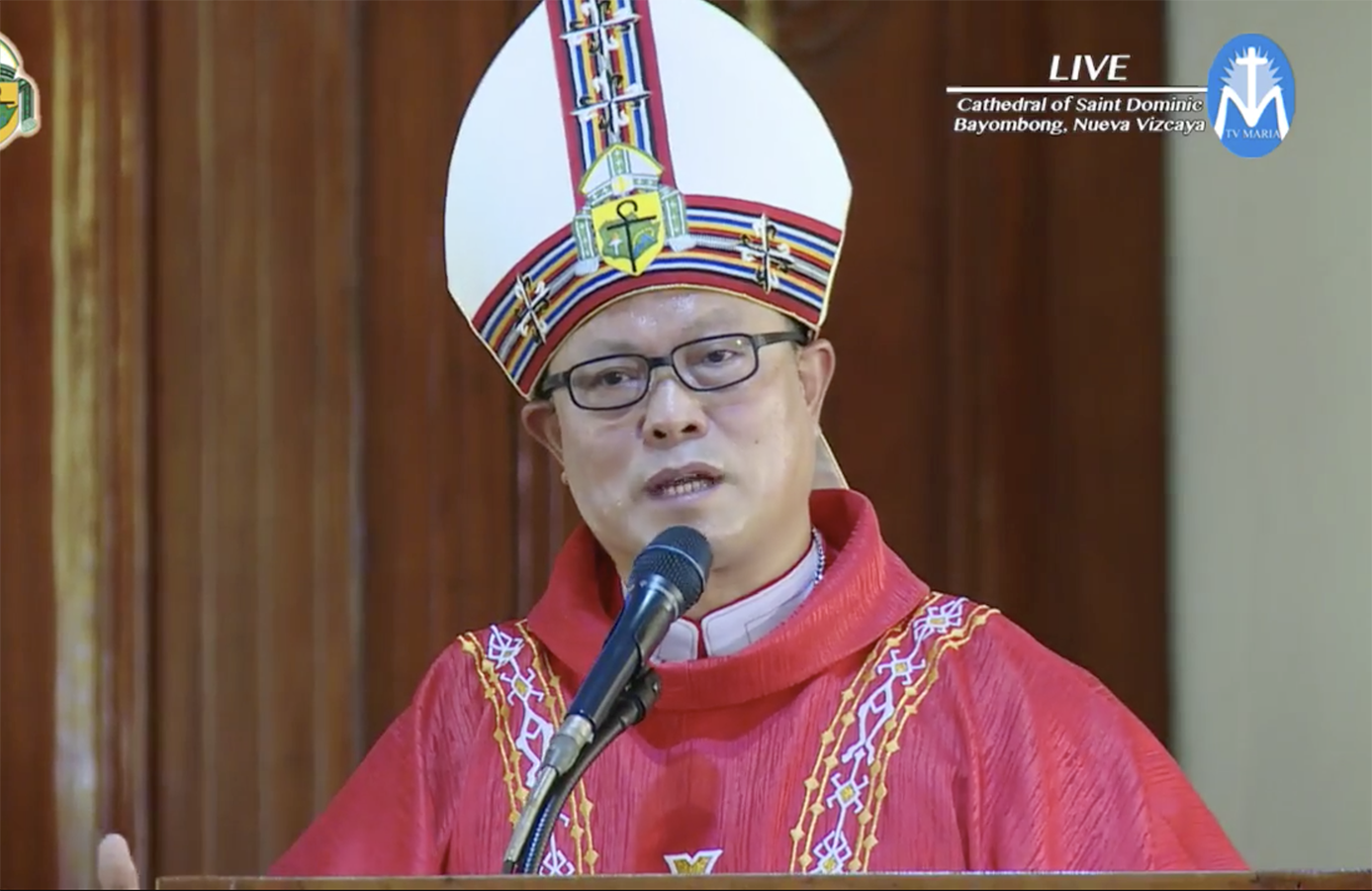 Bishop Jose Elmer Mangalinao speaks after his installation as the head of the Bayombong diocese at the St. Dominic Cathedral in Bayombong City, July 25. TV MARIA/SCREEN GRAB